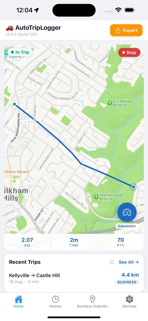 AutoTripLogger recording a drive through Baulkham Hills, Sydney — live route on the map with distance, time and a recent business trip below