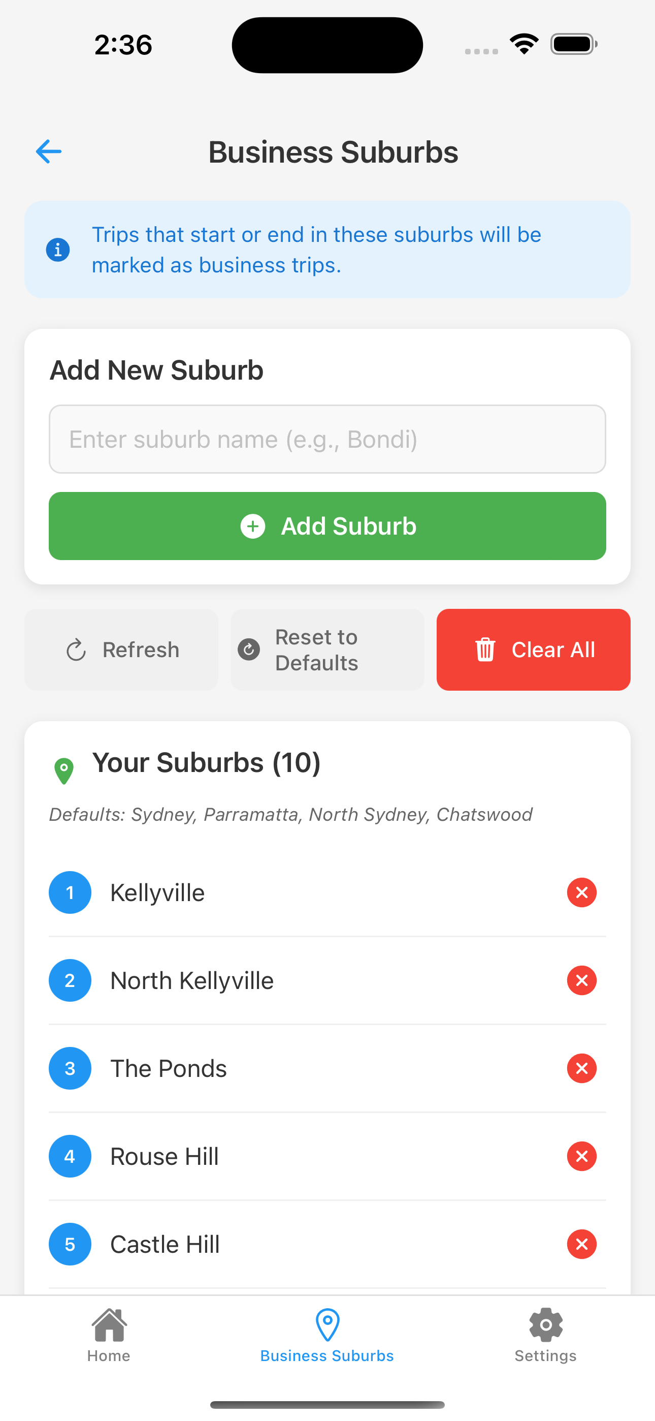 AutoTripLogger app showing business suburb detection for trip logging